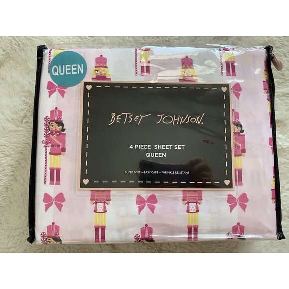 4 Piece Betsey Johnson QUEEN Sz Sheet Set Girl Nutcracker Bow Stripe Pink NEW - Picture 1 of 16